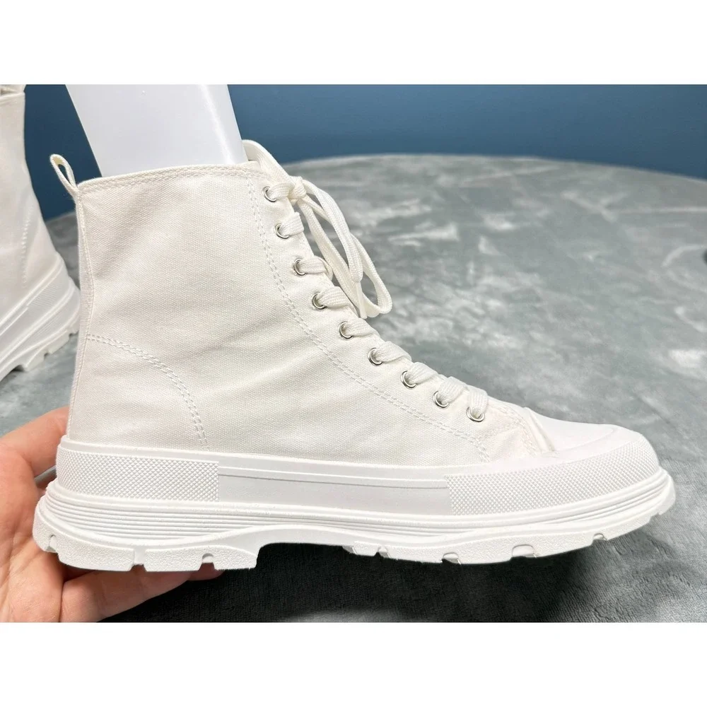 Sheln Platform Sneaker Boots Womens 9 White Canvas High Top Lace Up Chunky